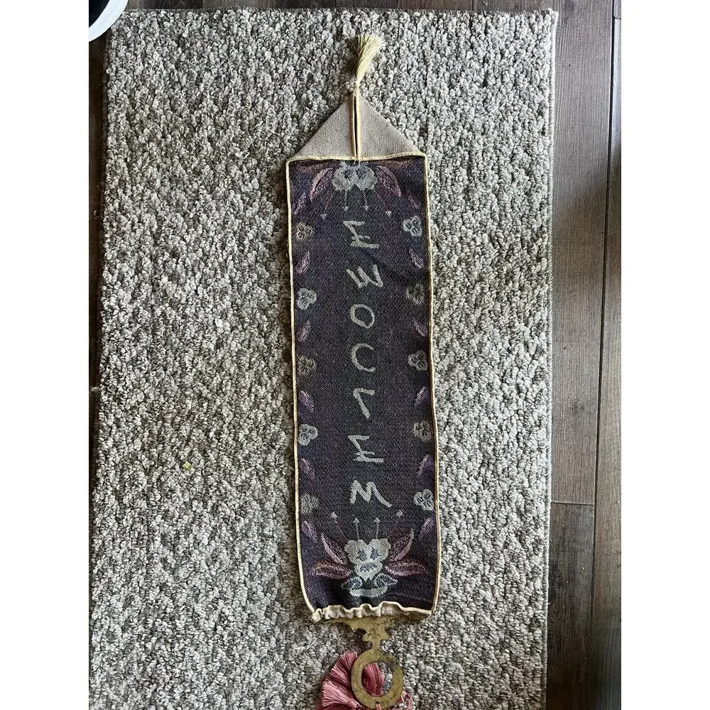 Vintage Brass Tapestry Hanger Woven Welcome Wool Floral Wall Hanging Pink Tassel